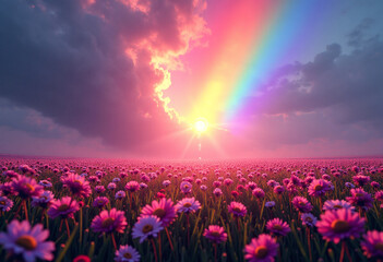 Glowing Rainbow Storm Above an Endless Field of Flowers