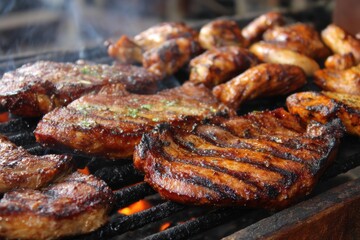 Grilling pork chops and chicken wings on a barbecue grill close up view cooking outdoors summer picnic party