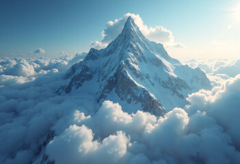 Mountain Peak Breaking Through Clouds Into Space