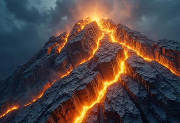 Mountain with Glowing Veins of Gold Through Stone