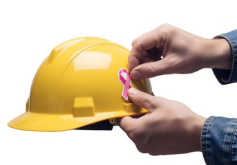 Hands affixing pink ribbon sticker onto yellow hardhat in support of breast cancer awareness