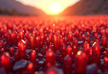 Valley of Red Crystal Spikes Reflecting Sunlight