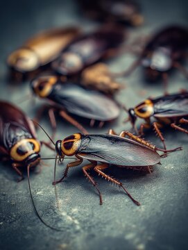 Close-up of Cockroaches on a Dark Surface in a Studio Setting; Detailed View of the Pests with Focus on Texture and Coloration