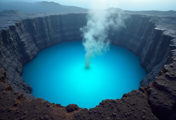 Volcanic Crater Filled with Luminous Blue Water