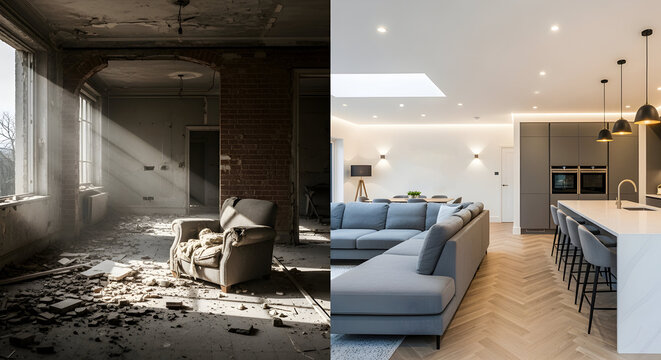 Dilapidated living room transforms into modern open concept kitchen and lounge area design
