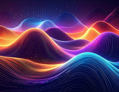 An abstract depiction of waves or undulating hills, rendered with glowing lines in vibrant neon colors. The piece has a futuristic feel - Powered by Adobe