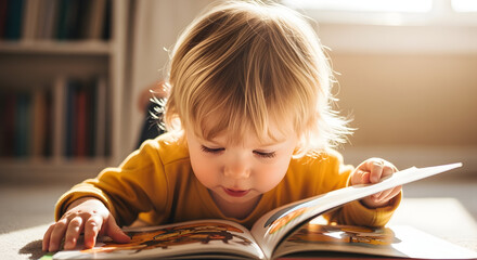 Fototapeta na wymiar Young child engrossed in reading an open picture book while lying on floor near bookcase