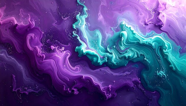An abstract swirl of vibrant colors, featuring dynamic flows of deep purple, teal, and hints of white, resembling a fluid nebula