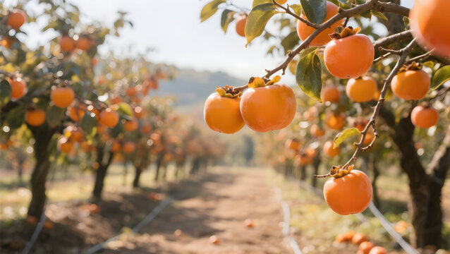 Ripe persimmon fruits hanging on branches in an orchard during the autumn harvest season