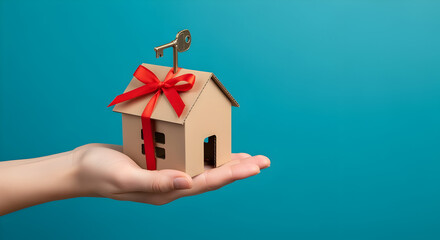 Hand holding cardboard house with red ribbon and golden key for real estate promotion
