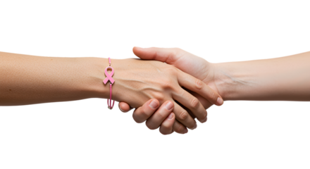 Two people shaking hands one wearing pink ribbon bracelet for breast cancer awareness campaign