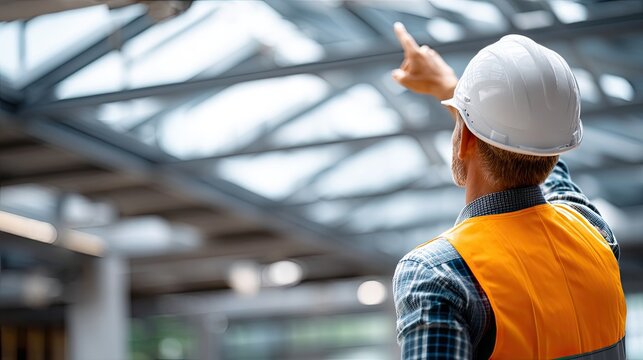 A construction supervisor gives instructions to his team while wearing a hard hat and gloves in a bustling worksite environment