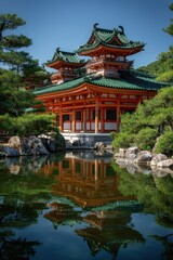 Naklejka premium Heian Shrine Building Reflection in Pond Water, Kyoto, Japan, Eye-Level Shot, Clear Sky, Tranquil Scene, Japanese Architecture, Green Roof, Orange Structure