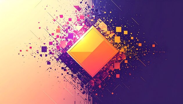 An abstract design. A central gold square bursts with colorful particles against a gradient background. Streaks of light radiate from the center