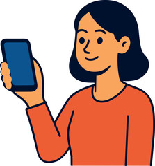 A smiling woman holding up a blank smartphone screen, representing mobile usage, communication, or online activity.