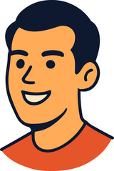 A smiling cartoon man with short dark hair wearing an orange shirt, illustrated in a friendly flat style.