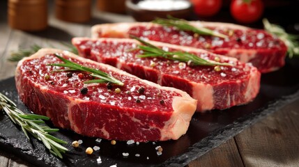 Raw New York Strip Steaks Seasoned and Garnished on Slate Board Close Up Food Still Life