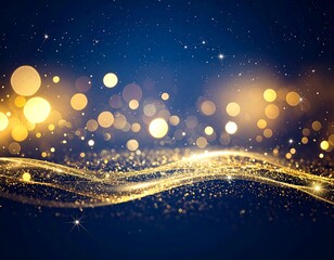 Abstract image with a dark blue background. Shimmering waves of gold and sparkling lights create a magical, celebratory mood