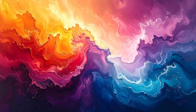 An abstract swirling artwork depicts a vibrant explosion of color. The design seamlessly blends fiery tones with cool hues