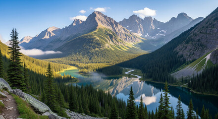 Turquoise Lake Nestled Amidst Towering Peaks in the Canadian Rockies Reflecting Sunlit Peaks Serene Mountain Landscape Scenic Wilderness Adventure Destination Pristine Alpine Beauty