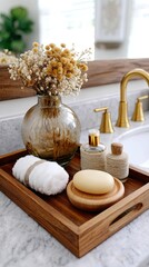 Obraz premium Stylish bathroom counter features neatly arranged towels, skincare items, and simple decor, creating a relaxing and inviting space