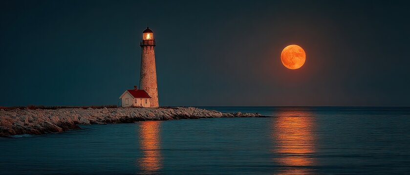 Illuminated lighthouse stands tall against a full moon reflecting on the tranquil ocean water