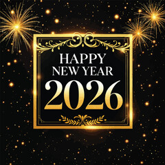 Happy New Year 2026 Vector — Black and Gold Festive Greeting with Ornate Frame, Fireworks, and Elegant Typography