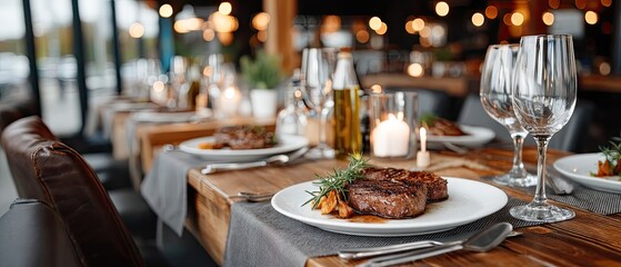 Tables are laid out with gourmet steak, fine glassware, and elegant decor, creating a sophisticated dining atmosphere