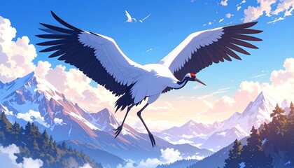 An animated scene shows a crane soaring above a mountainous landscape under a bright blue sky with a touch of sunrise glow