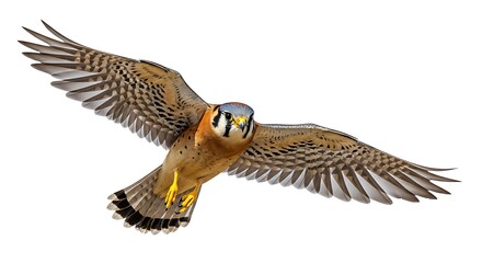 American kestrel falcon in flight with wings spread wide against a white background