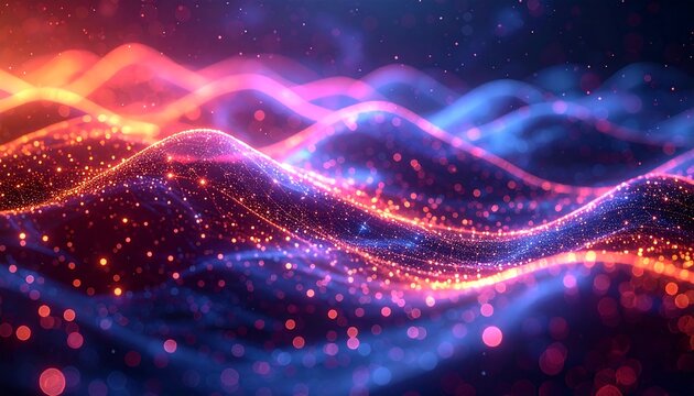 An abstract digital art piece featuring glowing, wavy lines in a vibrant color scheme, with bokeh effects and a network-like texture