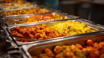 Obraz premium Indian food buffet display close up angle with rice vegetable curry and other dishes in metal trays