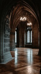 Obraz premium Interior view of Bute Hall arches and windows in the University of Glasgow Scotland UK with stone columns and wood floor