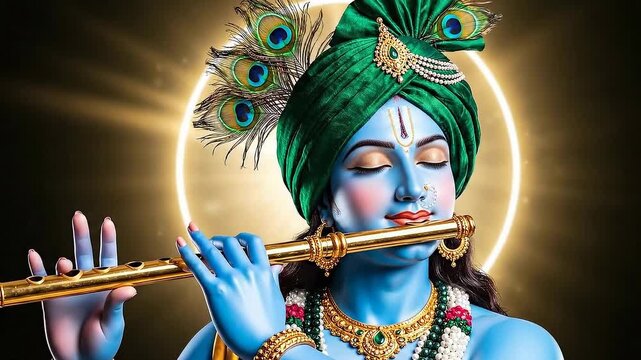 Captivating depiction of Lord Krishna, the Hindu deity with blue skin, adorned in a vibrant green