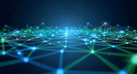 Abstract network with glowing nodes and connecting lines on a dark blue gradient background