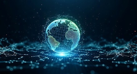 Digital earth globe surrounded by network connections on a dark blue background illustration