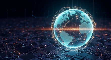 Glowing earth globe with network connections over a circuit board in dark blue background design
