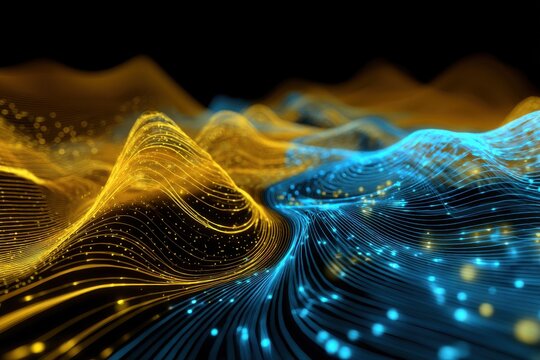 Abstract Data Landscape Visualization with Golden and Blue Glowing Lines on Black Background