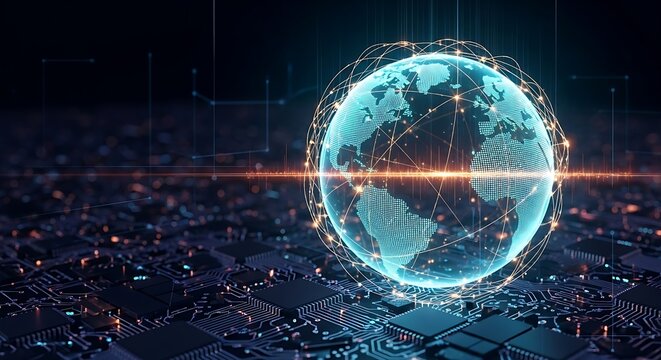 Glowing earth globe with network connections over a circuit board in dark blue background design