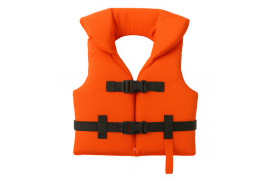 Orange life jacket providing water safety and protection, personal flotation device for swimming, boating, and aquatic recreation