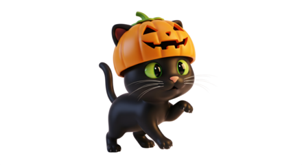 Adorable Black Cat Wearing a Festive Pumpkin Hat, Perfect for Halloween Celebrations and Autumnal Themes