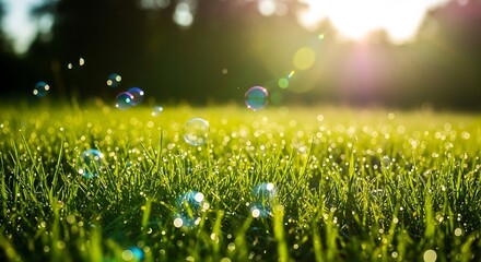 Sunlit green grass field with floating soap bubbles in soft focus with warm sunlight and bokeh effects