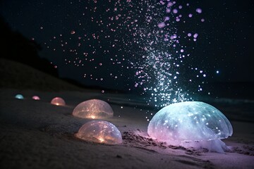 Glowing jellyfish illuminated with vibrant colors on a dark sandy beach at night