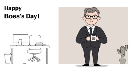 Businessman holding coffee mug and celebrating Boss's Day in office  