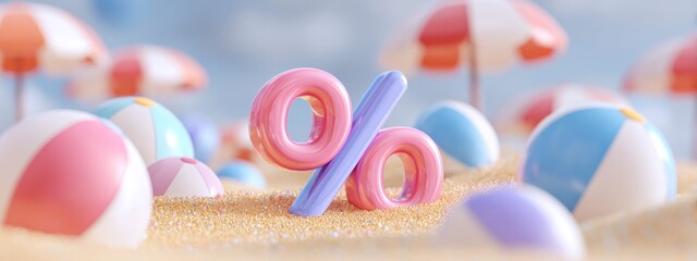 3D illustration of a glossy pink percent symbol on sandy beach surrounded by beach balls and umbrellas. Concept: summer sale, discount, vacation shopping, fun marketing design. banner 