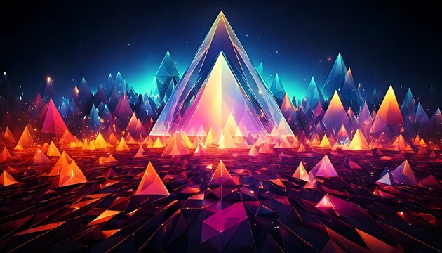Abstract landscape of glowing crystalline formations. Vibrant colors cascade across geometric structures, suggesting energy & brilliance