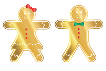 Vector golden gingerbread man and woman Christmas design elements set isolated on white background. Vector Gold Christmas decorations Isolated gold gingerbread elements in gold, red and green colors. 