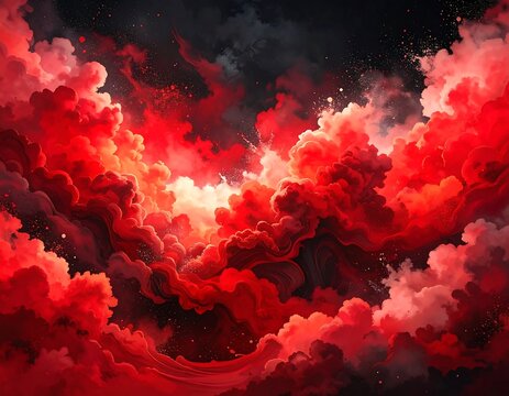 An abstract digital art piece showing vibrant red clouds swirling in a turbulent, dramatic sky, with hints of orange and dark hues