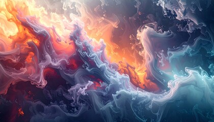 An abstract, swirling composition of fiery oranges, deep reds, and cool blues. Wispy, ethereal clouds form the artwork's core