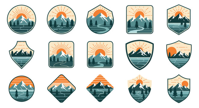 Mountain sunrise badges with scenic views and nature elements in vintage style